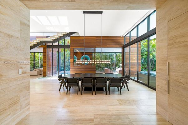 Dining room, Interior, Pendant Lights, Wood Texture Flooring, Wooden Walls