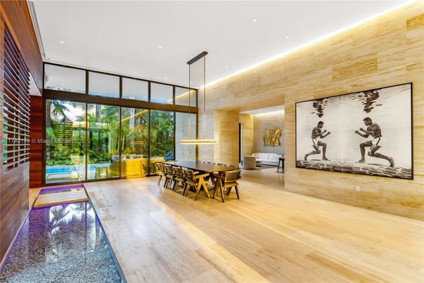 Dining room, Interior, Pendant Lights, Recessed Lighting, Wood Texture Flooring