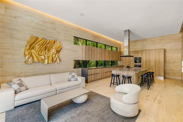 Interior, Kitchen, Living room, Recessed Lighting, Stainless Steel Appliances, Wood Texture Flooring, Wooden Walls