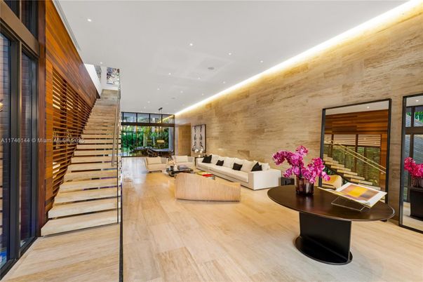Interior, Living room, Recessed Lighting, Stone Walls, Wood Texture Flooring