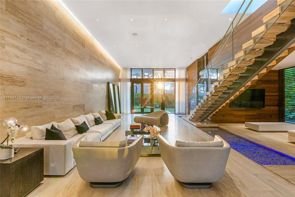 Interior, Living room, Pendant Lights, Recessed Lighting, Wood Texture Flooring, Wooden Walls
