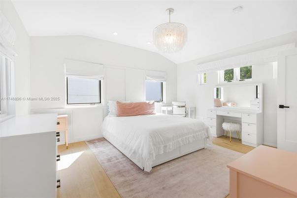 Bedroom, Chandelier, Interior, Recessed Lighting, Wood Texture Flooring