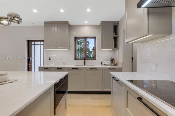 Interior, Kitchen, Marble Walls, Recessed Lighting, Wood Texture Flooring