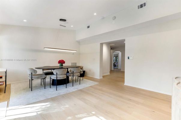 Dining room, Interior, Pendant Lights, Recessed Lighting, Wood Texture Flooring