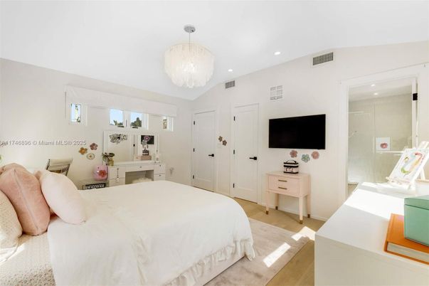 Bedroom, Chandelier, Interior, Recessed Lighting, Wood Texture Flooring