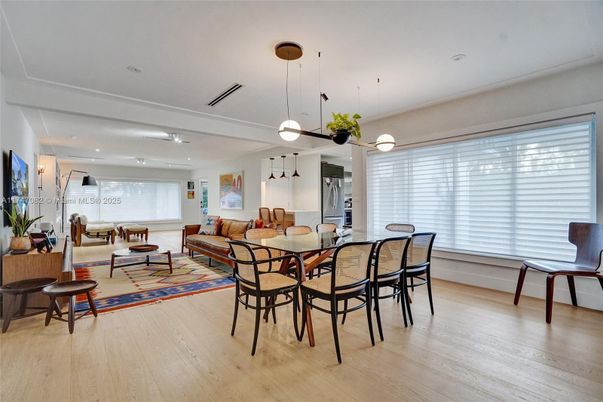 Dining room, Interior, Living room, Pendant Lights, Recessed Lighting, Wood Texture Flooring