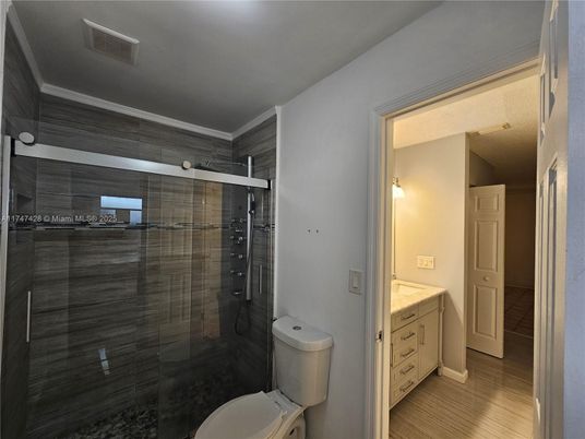 Bathroom, Glass Shower, Interior, Wood Texture Flooring
