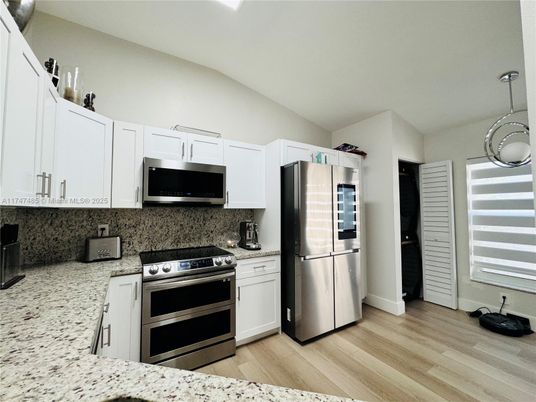 Interior, Kitchen, Pendant Lights, Stainless Steel Appliances, Wood Texture Flooring