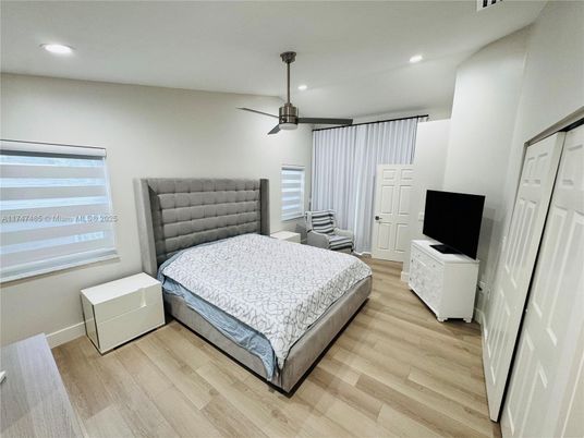 Bedroom, Interior, Recessed Lighting, Wood Texture Flooring