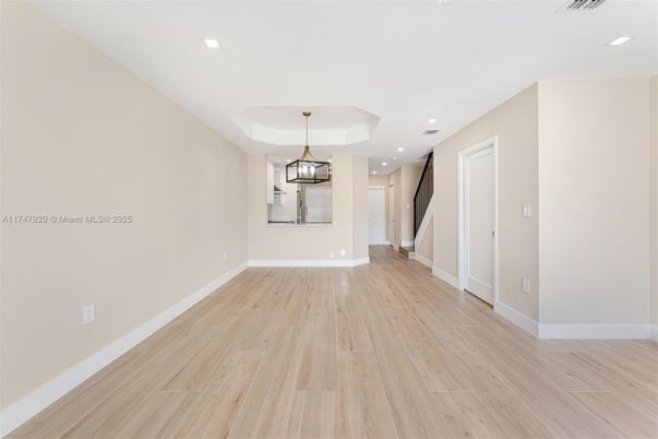 Empty room, Interior, Pendant Lights, Recessed Lighting, Wood Texture Flooring