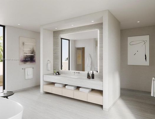 Bathroom, Dual Sink Vanities, Free Standing Baths, Interior, Recessed Lighting, Wood Texture Flooring