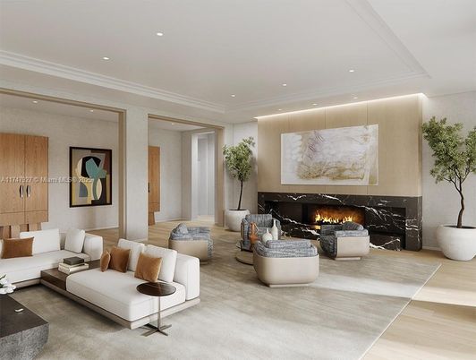 Fireplace, Interior, Living room, Marble Walls, Recessed Lighting, Wood Texture Flooring