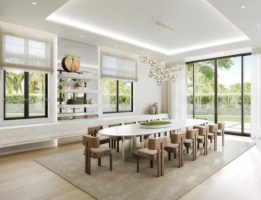 Dining room, Interior, Pendant Lights, Recessed Lighting, Wood Texture Flooring