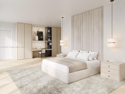 Bedroom, Interior, Pendant Lights, Recessed Lighting, Wood Texture Flooring