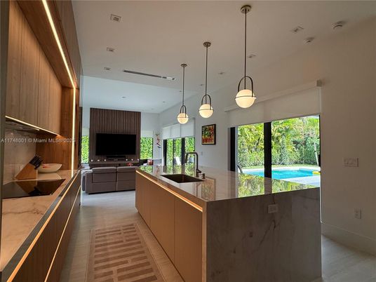 Interior, Kitchen, Living room, Pendant Lights, Recessed Lighting, Wood Texture Flooring