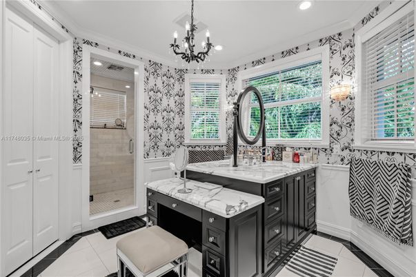 Bathroom, Chandelier, Glass Shower, Interior, Recessed Lighting