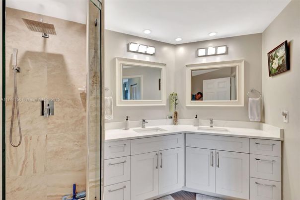 Bathroom, Dual Sink Vanities, Glass Shower, Interior, Recessed Lighting