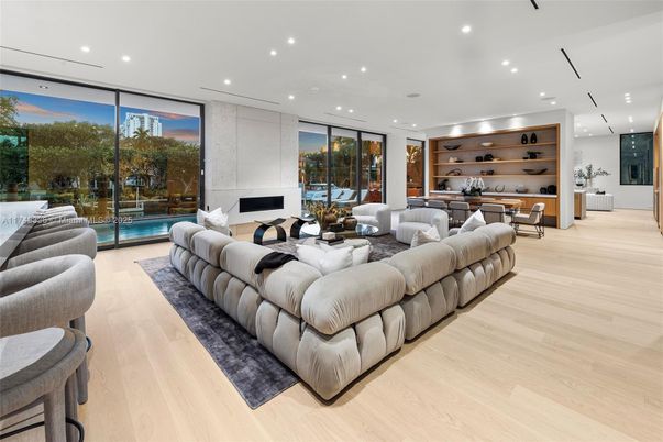 Dining room, Fireplace, Interior, Living room, Pendant Lights, Recessed Lighting, Wood Texture Flooring