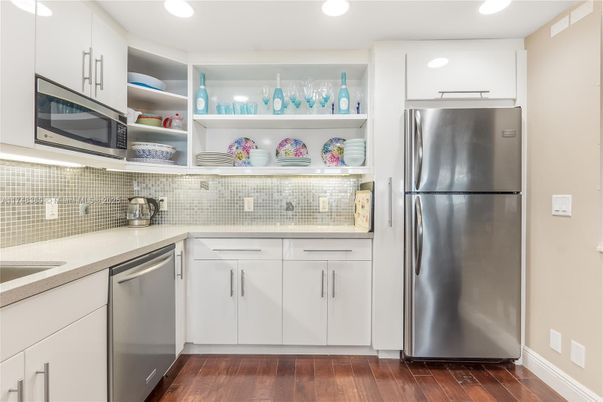 Interior, Kitchen, Recessed Lighting, Stainless Steel Appliances, Wood Texture Flooring