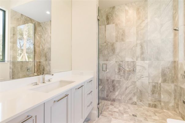 Bathroom, Glass Shower, Interior, Marble Walls, Recessed Lighting