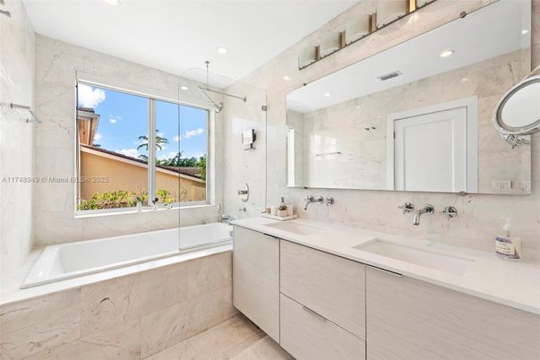 Bathroom, Dual Sink Vanities, Glass Shower, Interior, Marble Walls, Recessed Lighting