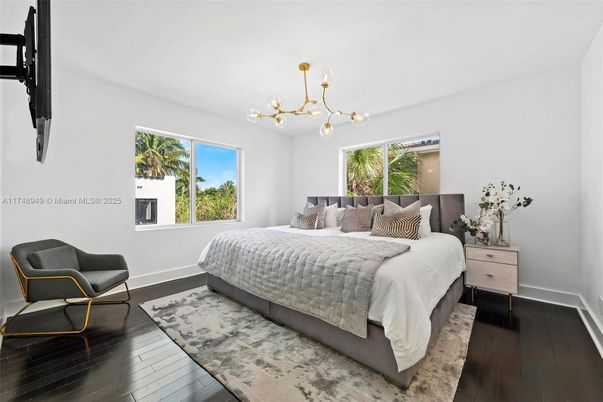 Bedroom, Interior, Pendant Lights, Wood Texture Flooring