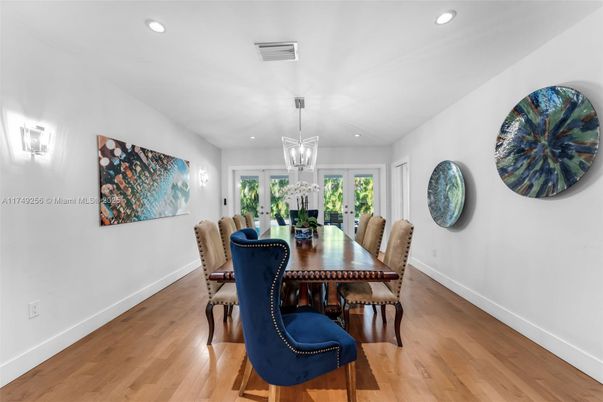 Dining room, Interior, Pendant Lights, Recessed Lighting, Wood Texture Flooring