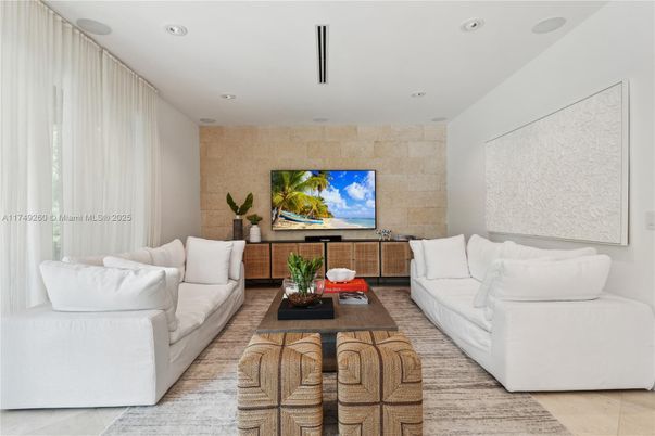 Interior, Living room, Recessed Lighting, Stone Walls