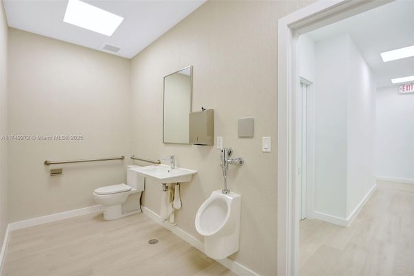 Bathroom, Dual Sink Vanities, Interior, Recessed Lighting, Wood Texture Flooring