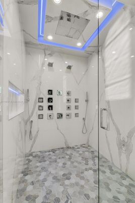 Bathroom, Glass Shower, Interior, Marble Walls, Recessed Lighting