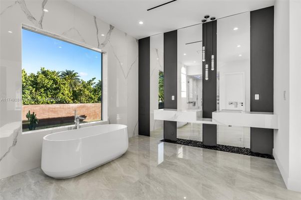Bathroom, Dual Sink Vanities, Free Standing Baths, Interior, Marble, Marble Walls, Recessed Lighting