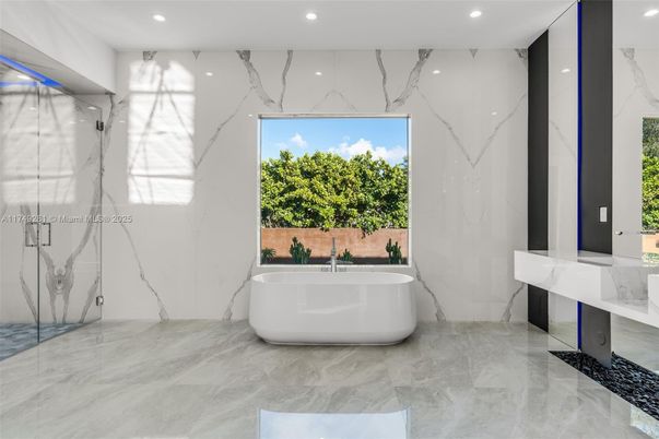 Bathroom, Free Standing Baths, Interior, Marble, Marble Walls, Recessed Lighting