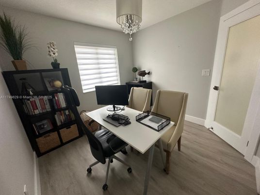 Chandelier, Home Office, Interior, Wood Texture Flooring