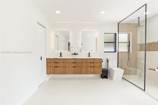 Bathroom, Dual Sink Vanities, Glass Shower, Interior, Recessed Lighting