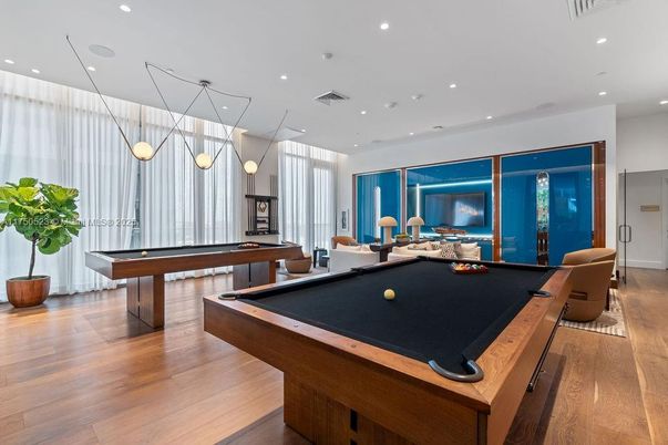 Billiard Table, Game Room, Interior, Pendant Lights, Recessed Lighting, Wood Texture Flooring