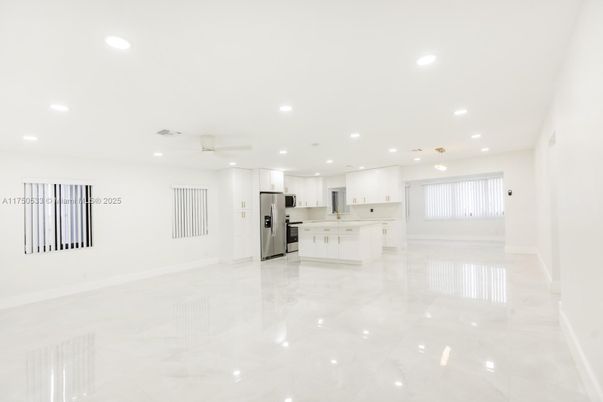 Empty room, Interior, Kitchen, Recessed Lighting, Stainless Steel Appliances