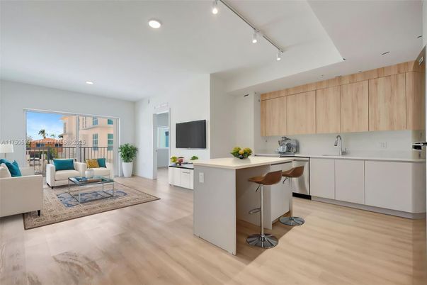 Interior, Kitchen, Living room, Recessed Lighting, Wood Texture Flooring