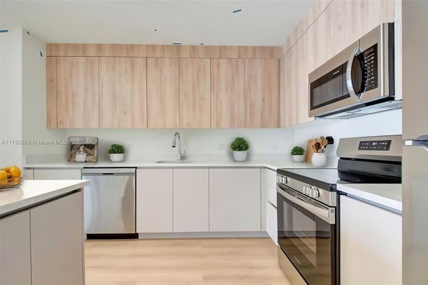 Interior, Kitchen, Recessed Lighting, Stainless Steel Appliances, Wood Texture Flooring