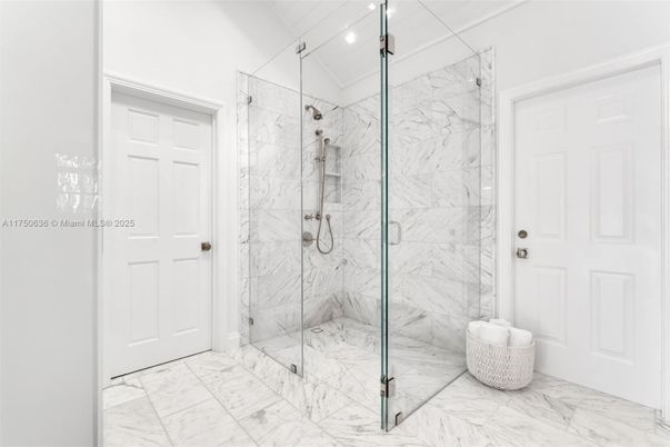 Bathroom, Glass Shower, Interior, Marble, Marble Walls, Recessed Lighting
