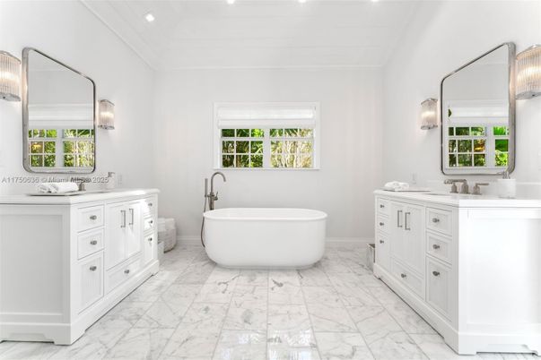 Bathroom, Dual Sink Vanities, Free Standing Baths, Interior, Marble, Recessed Lighting