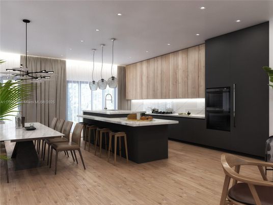 Dining room, Interior, Kitchen, Pendant Lights, Recessed Lighting, Wood Texture Flooring