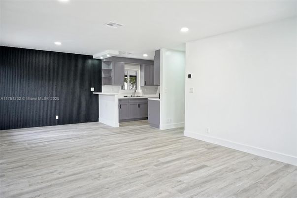 Empty room, Interior, Kitchen, Recessed Lighting, Wood Texture Flooring