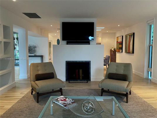 Fireplace, Interior, Living room, Recessed Lighting, Wood Texture Flooring