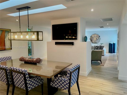 Dining room, Interior, Pendant Lights, Recessed Lighting, Wood Texture Flooring