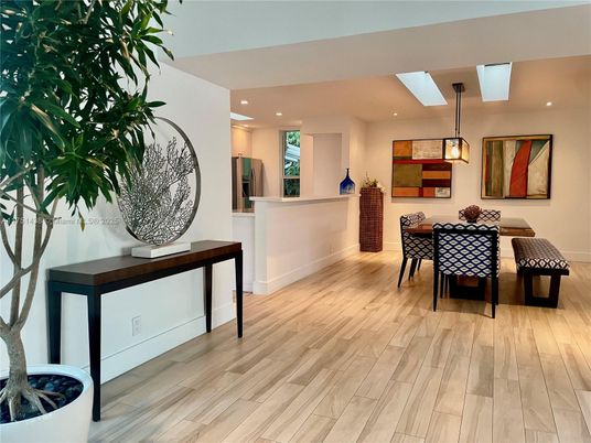Dining room, Interior, Pendant Lights, Recessed Lighting, Wood Texture Flooring