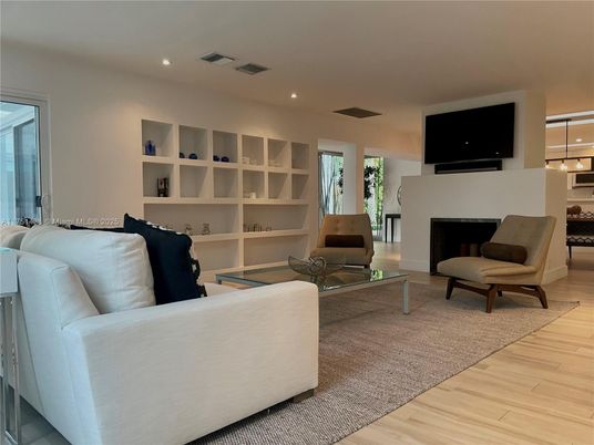 Fireplace, Interior, Living room, Recessed Lighting, Wood Texture Flooring