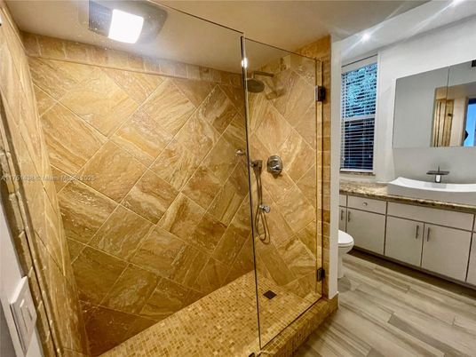 Bathroom, Glass Shower, Interior, Wood Texture Flooring