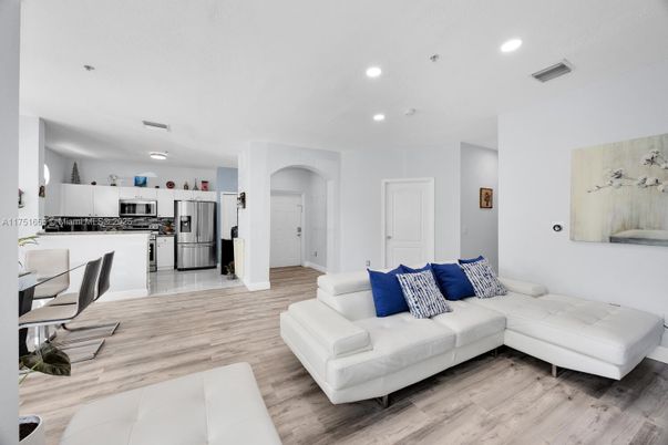Interior, Kitchen, Living room, Recessed Lighting, Stainless Steel Appliances, Wood Texture Flooring