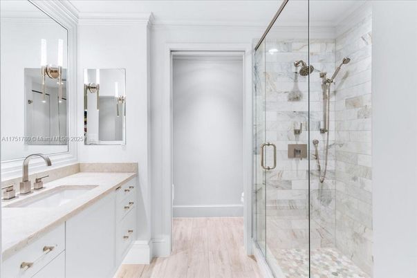 Bathroom, Glass Shower, Interior, Marble Walls, Wood Texture Flooring
