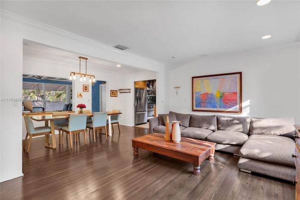 Dining room, Interior, Kitchen, Living room, Pendant Lights, Recessed Lighting, Stainless Steel Appliances, Wood Texture Flooring